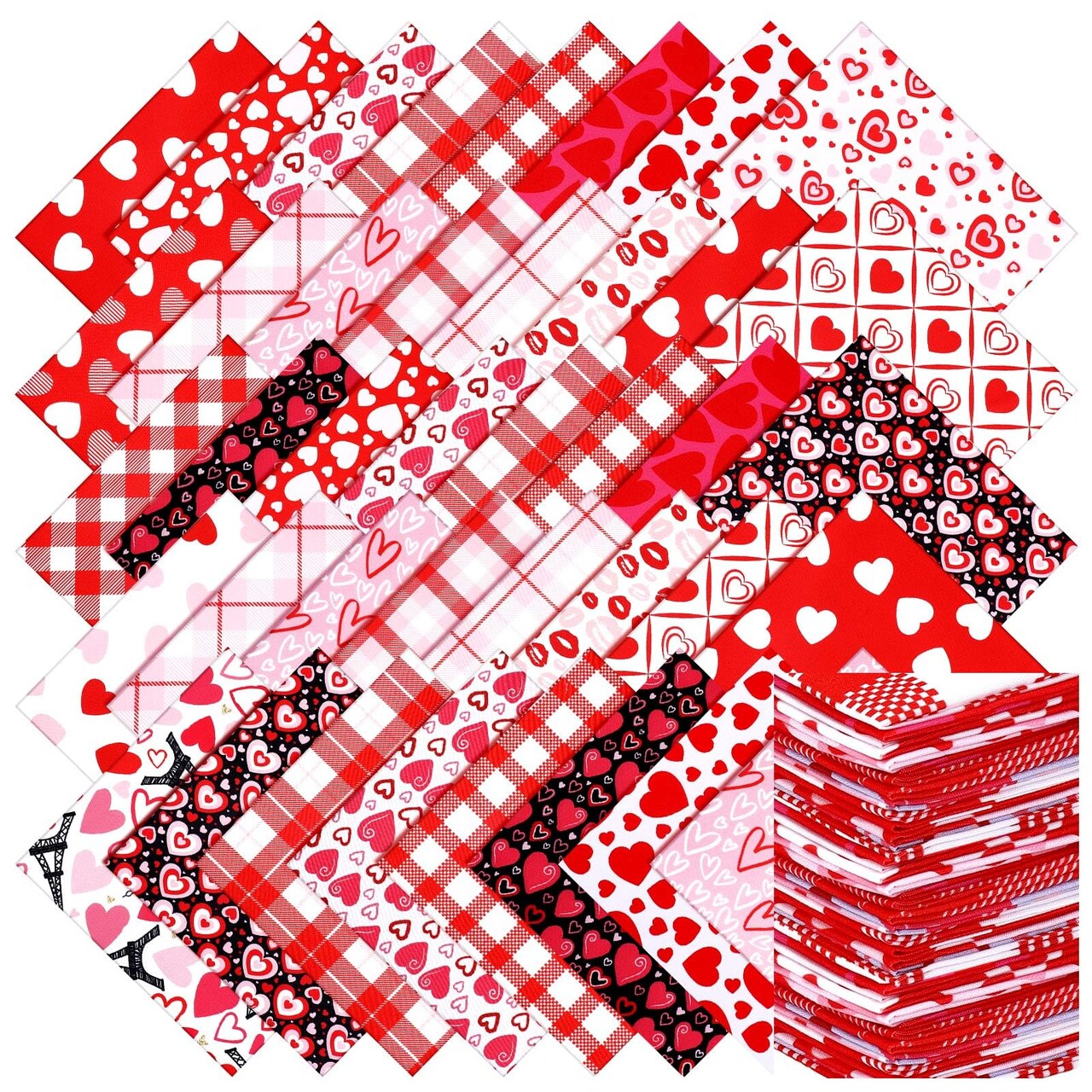100 Pcs 10 x 10 Inch Valentine‘s Day Fabric Bundles Rose Red Pink Heart Love Printed Fat Quarters Quilting Patchwork Squares Sewing Fabrics for DIY Handmade Crafting Home Party Decor